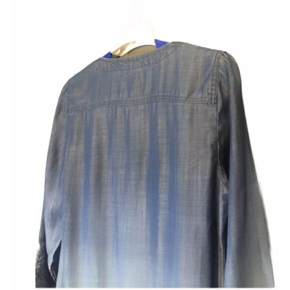 Chicos 0 US 4 Dip Dye Chambray Tunic Jacket Blue Ombre Embroidered Open Front - Picture 8 of 12